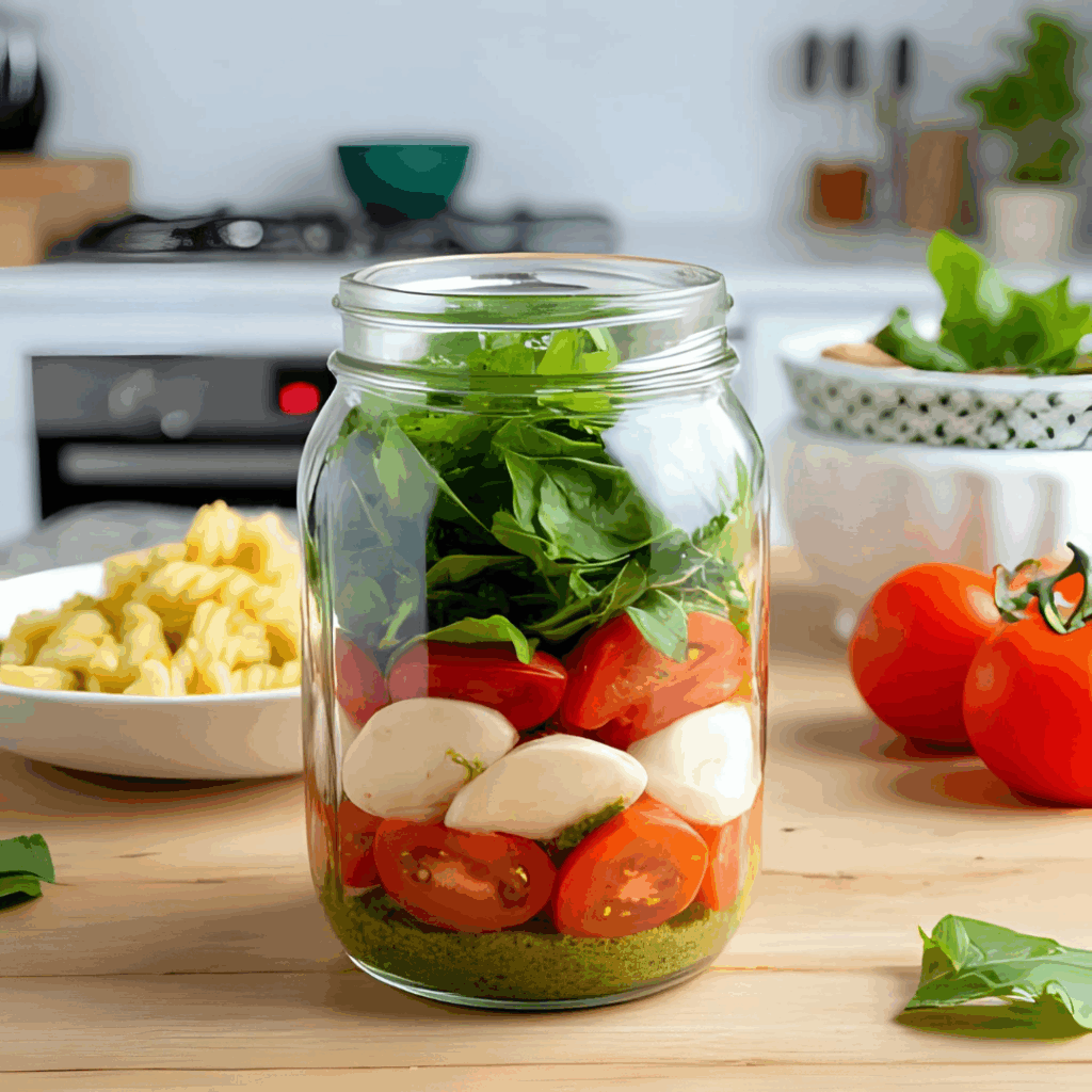 Nudelsalat Caprese im Glas – Mealprep trifft italienische Frische